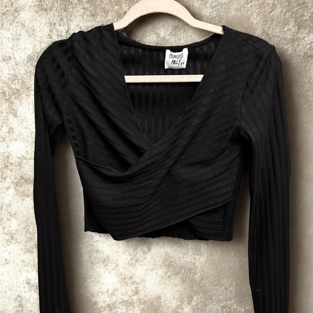 Princess Polly Black Ribbed Wrap Blouse
